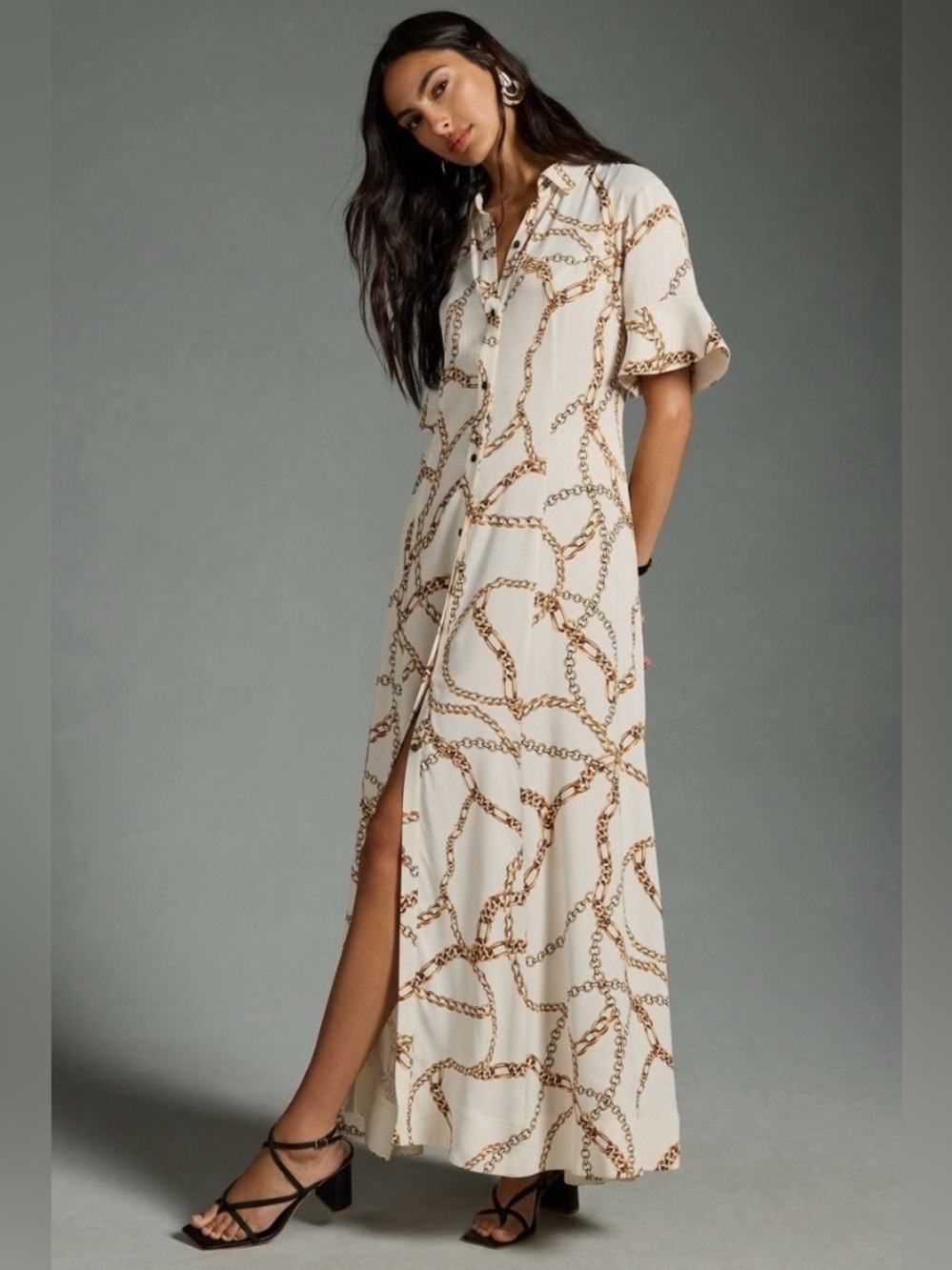 Anthropologie Maeve satin chain-print Maxi shirtdress, size S